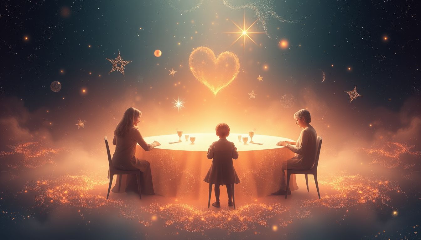 Eine glückliche Familie am Esstisch symbolisiert Geborgenheit und Harmonie.