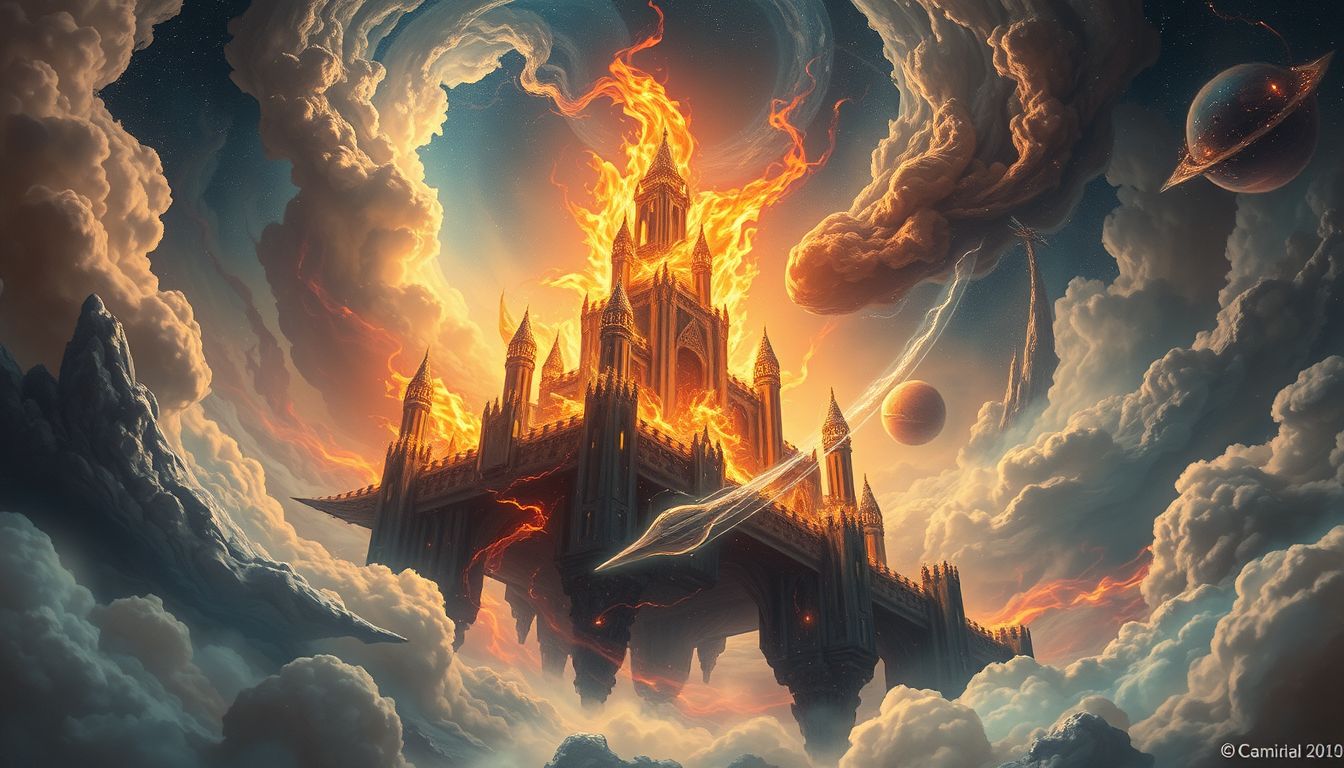 Ein brennender Räuberburg-Traum symbolisiert zerstörte Sicherheit und Wandlung.