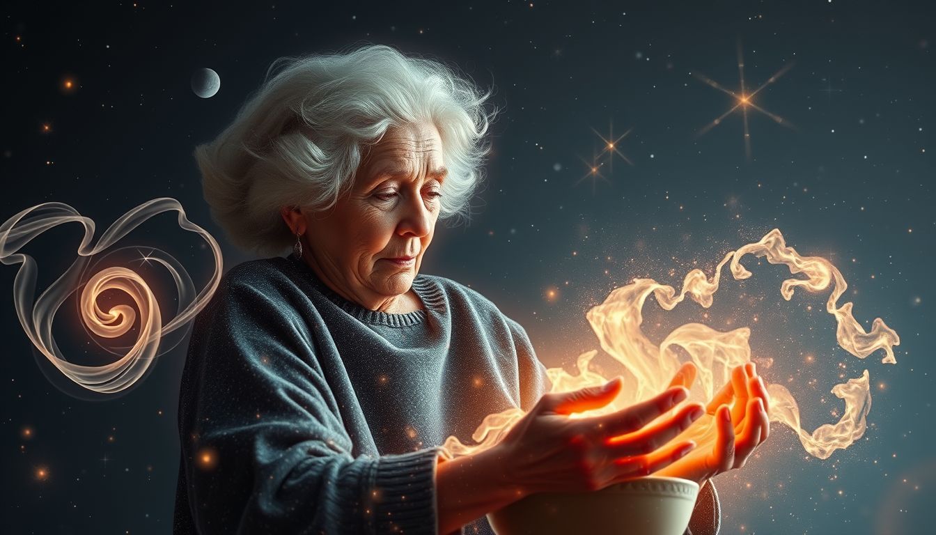 Eine alte Frau beim Kochen symbolisiert Fürsorge und Lebensweisheit.