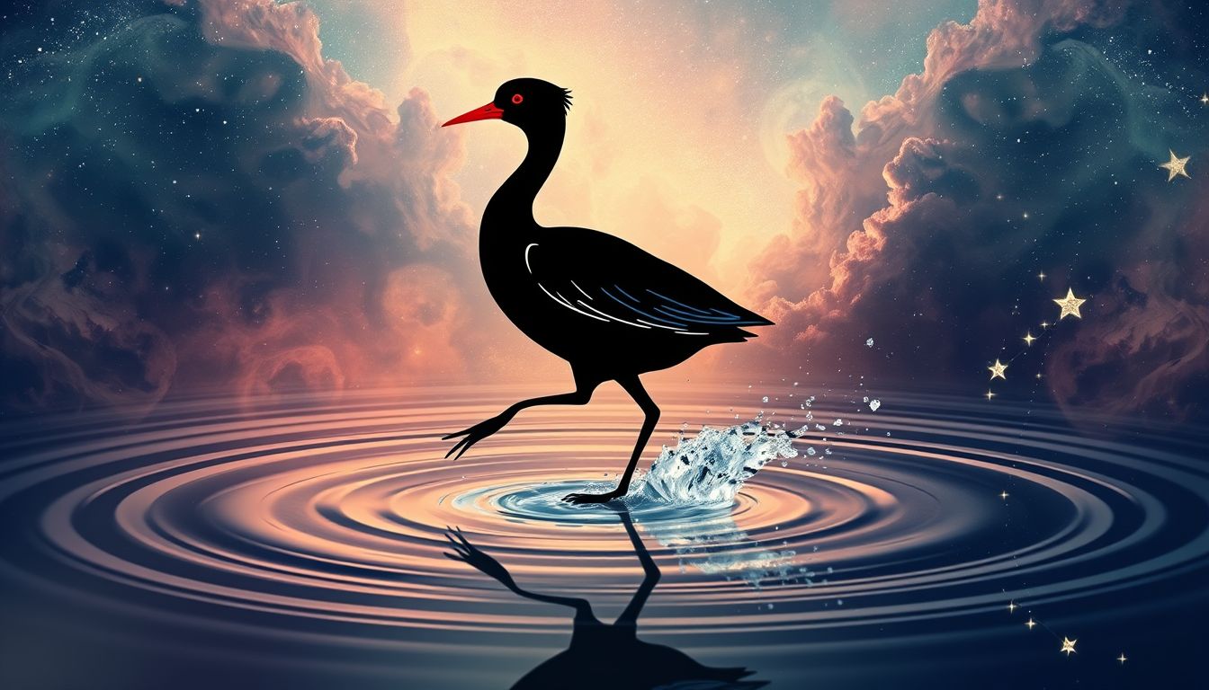 Ein tanzendes Wasserhuhn symbolisiert Freude und emotionale Leichtigkeit.