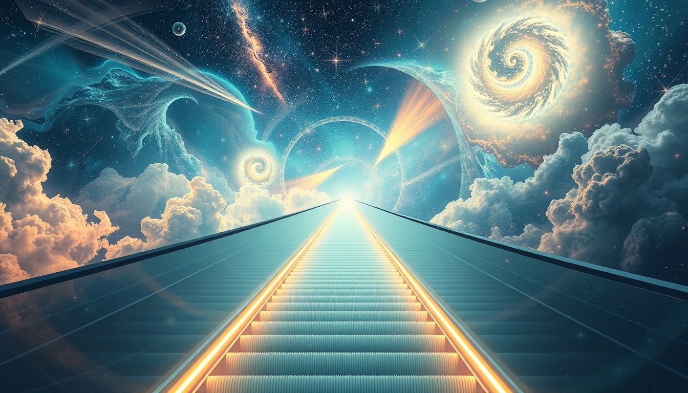 Eine Rolltreppe zum Himmel symbolisiert spirituellen Aufstieg und Erleuchtung.