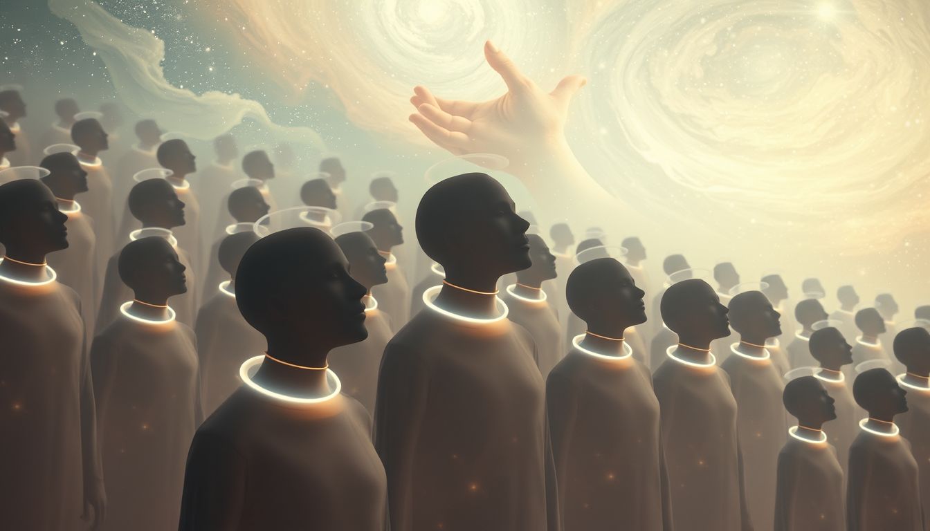 Viele Menschen mit Halskrausen symbolisieren gemeinsame Heilung oder Schutz.