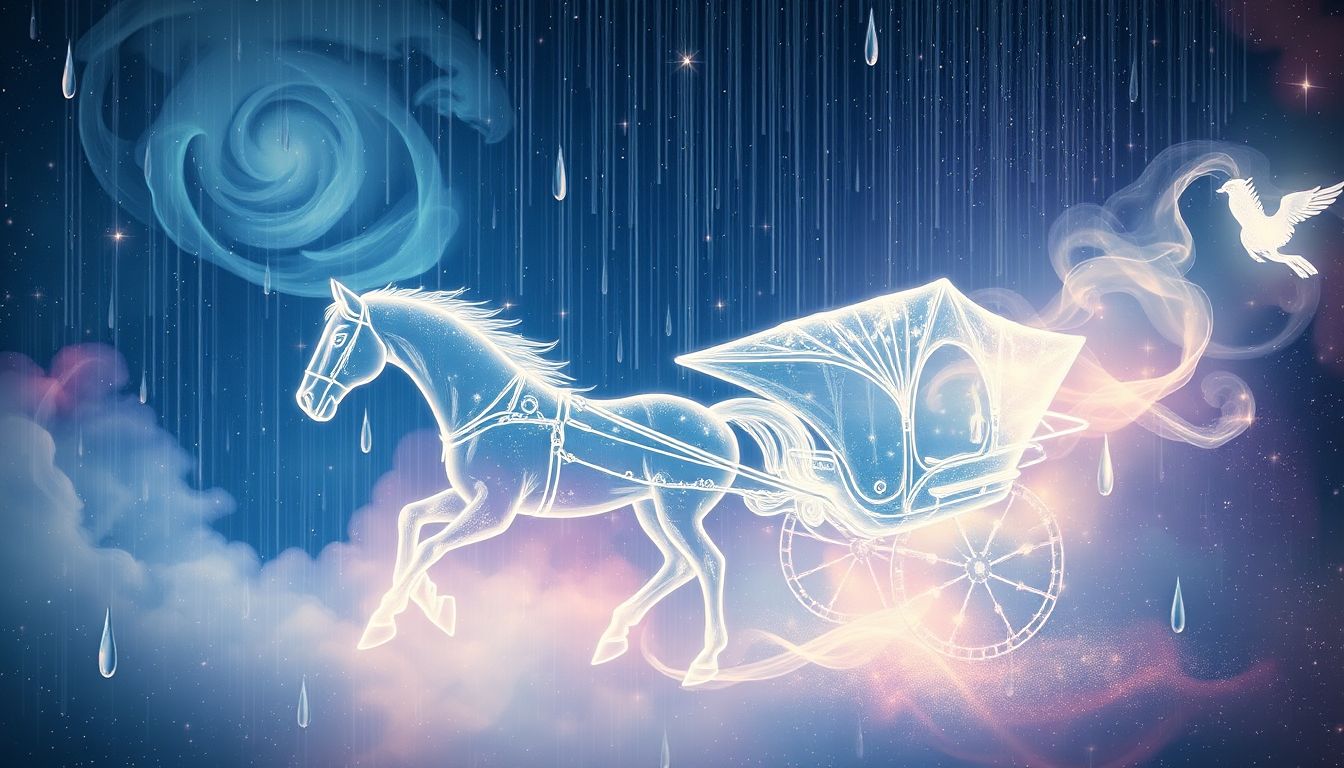 Eine Pferdekutsche im Regen symbolisiert emotionale Herausforderungen und Veränderung.
