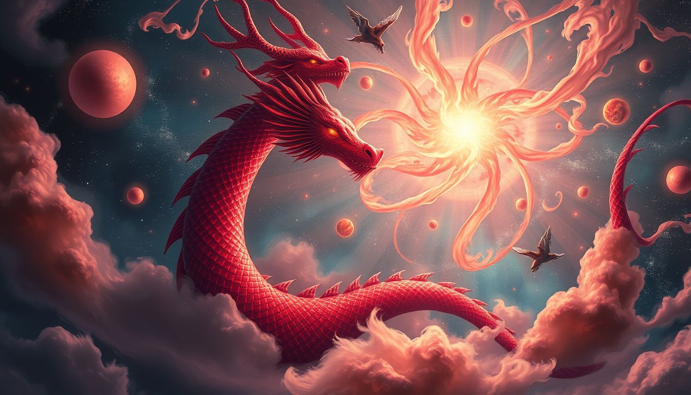 Ein sprechender roter Drache symbolisiert innere Weisheit und Mut.