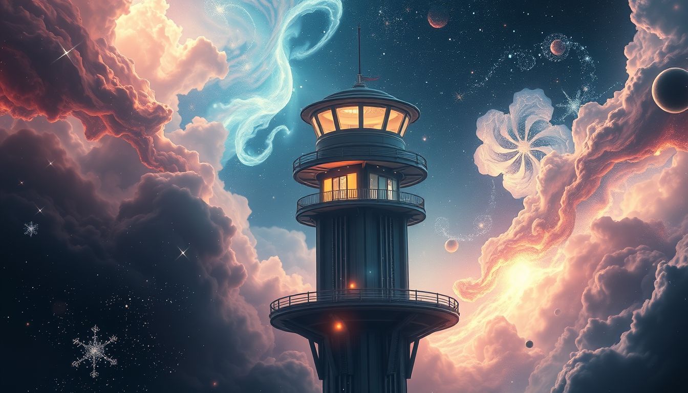 Das futuristische Wärterhaus symbolisiert Kontrolle über Zukunft und Technologie.