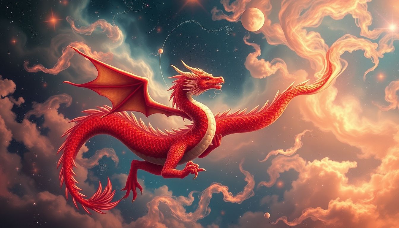 Ein roter Drache, der tanzt, symbolisiert leidenschaftliche Lebensenergie und Freiheit.
