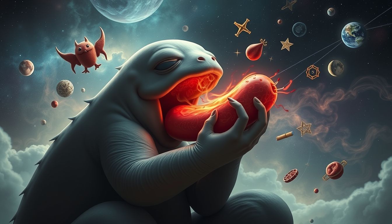 Ein Traummonster, das Blutwurst frisst, symbolisiert innere Ängste.