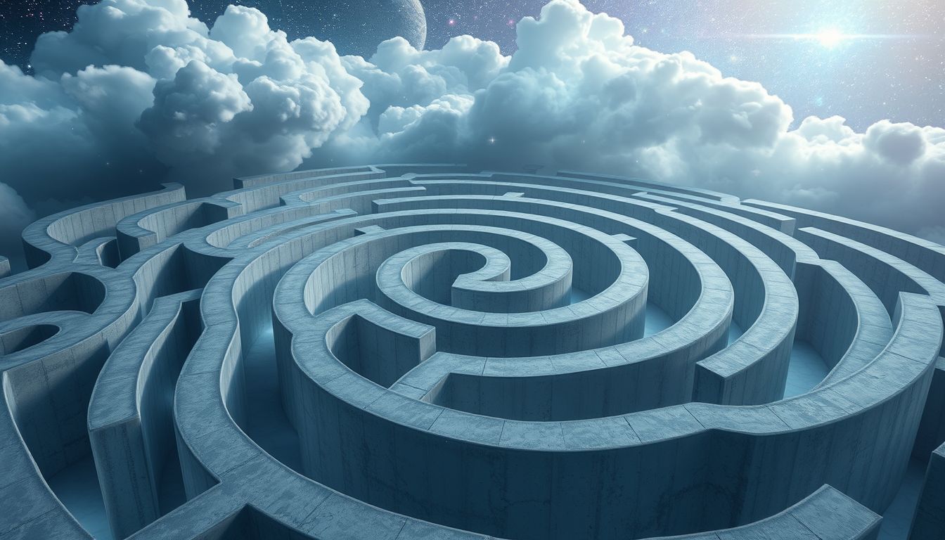 Ein Betonlabyrinth im Traum symbolisiert komplexe Lebenshindernisse und Entscheidungsschwierigkeiten.