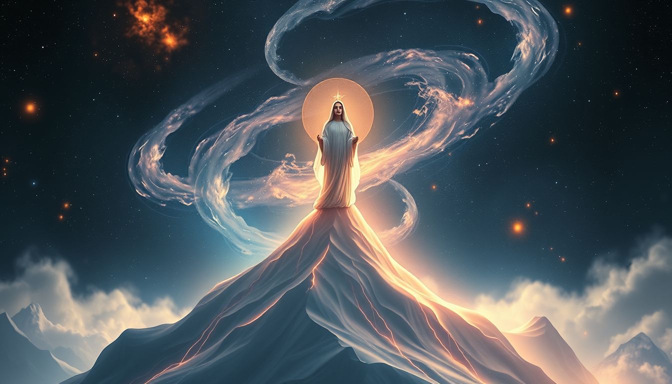 Eine Diakonissin auf dem Berg symbolisiert spirituelle Erhebung und Klarheit.