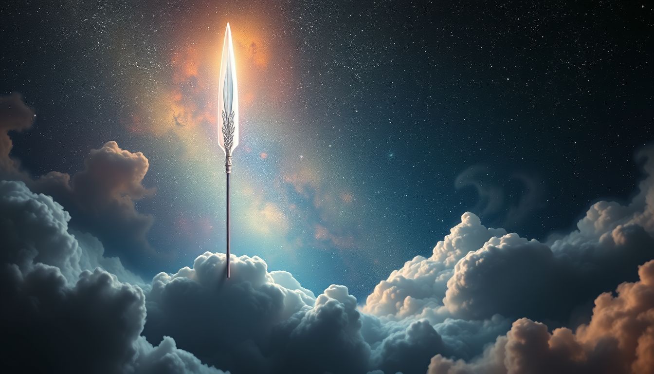 Ein Speer im Himmel symbolisiert göttliche Kräfte und Schutz.
