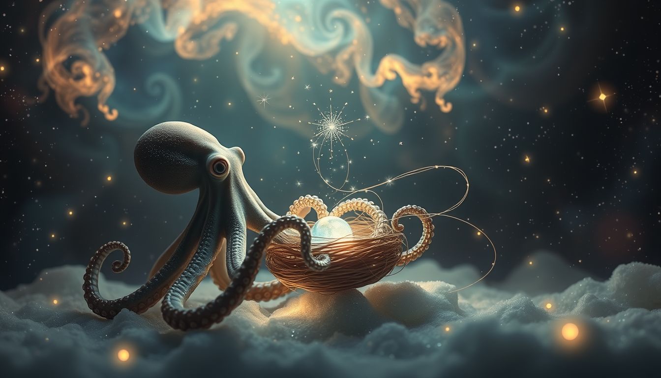 Ein Krake baut ein Nest als Symbol für neue Lebensabschnitte.