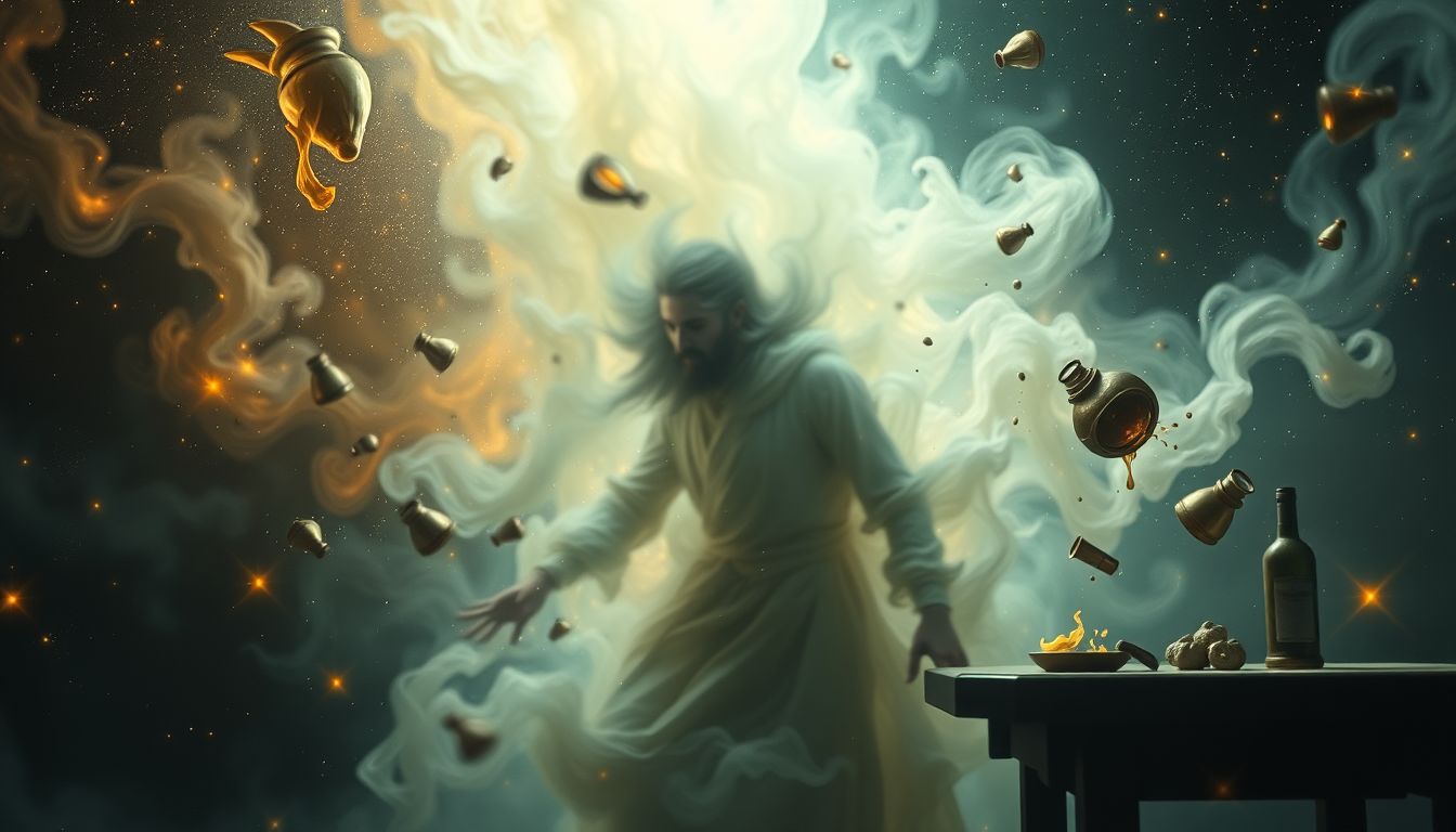 Ein betrunkener Schankwirt symbolisiert Kontrollverlust und innere Unsicherheit.