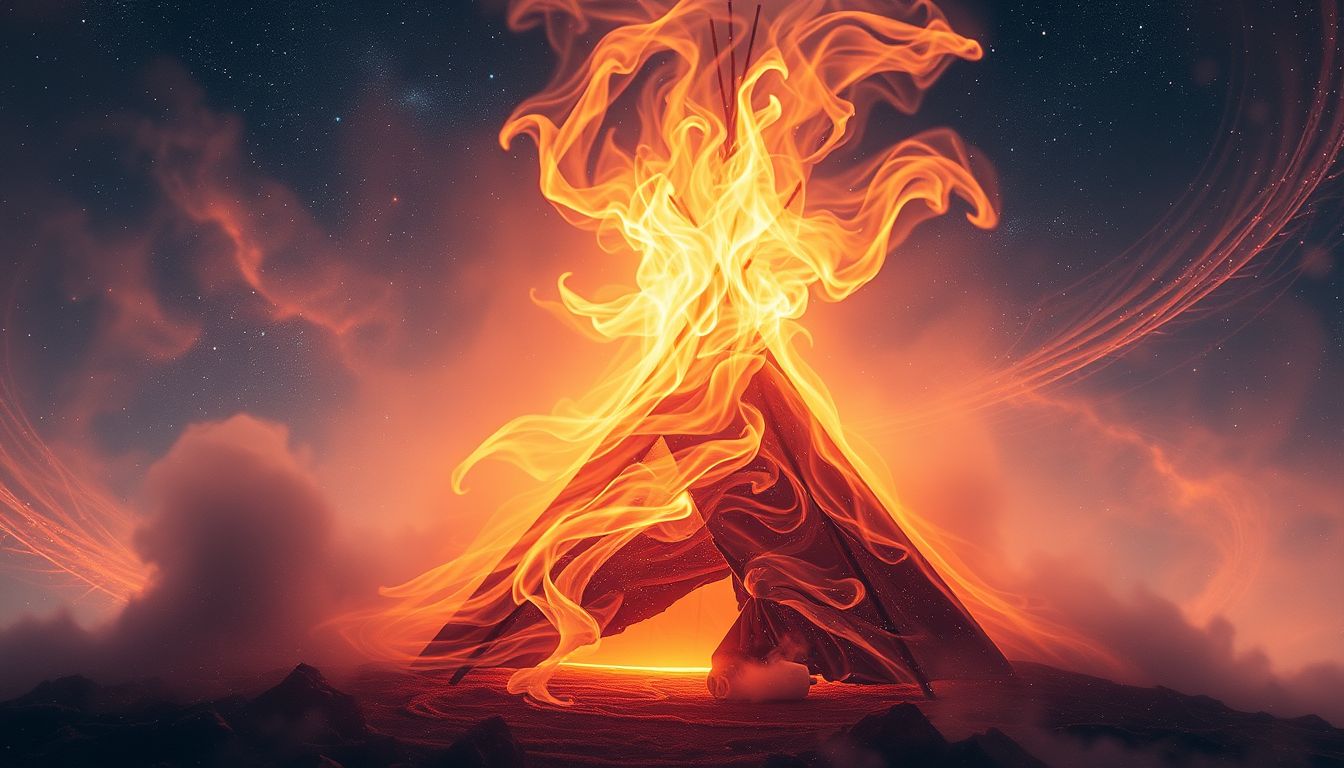 Ein brennendes Tipi symbolisiert oft innere Transformation und Loslassen.