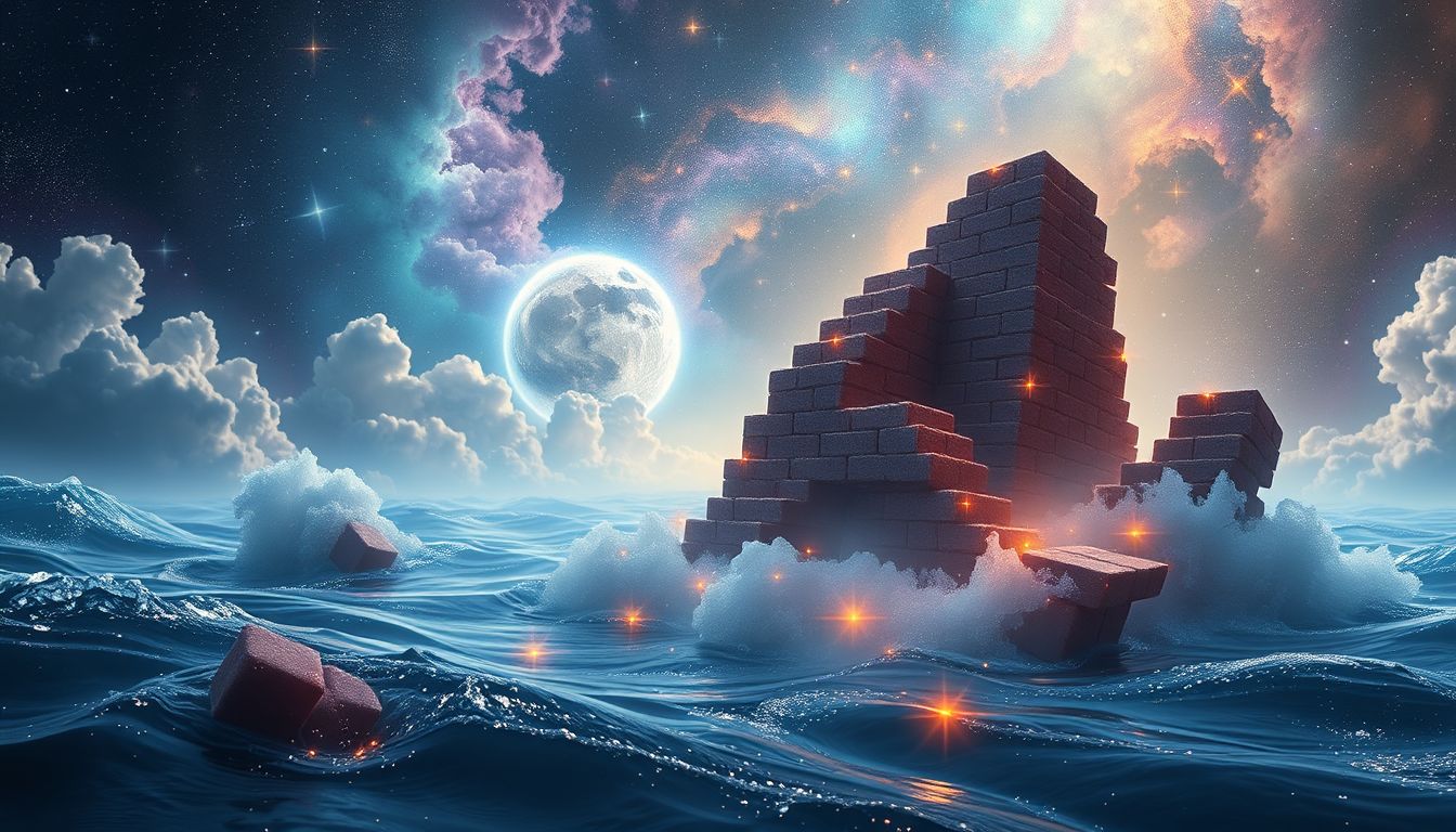 Ein im Meer versinkendes Ziegelwerk symbolisiert verloren gegangene Lebensziele.