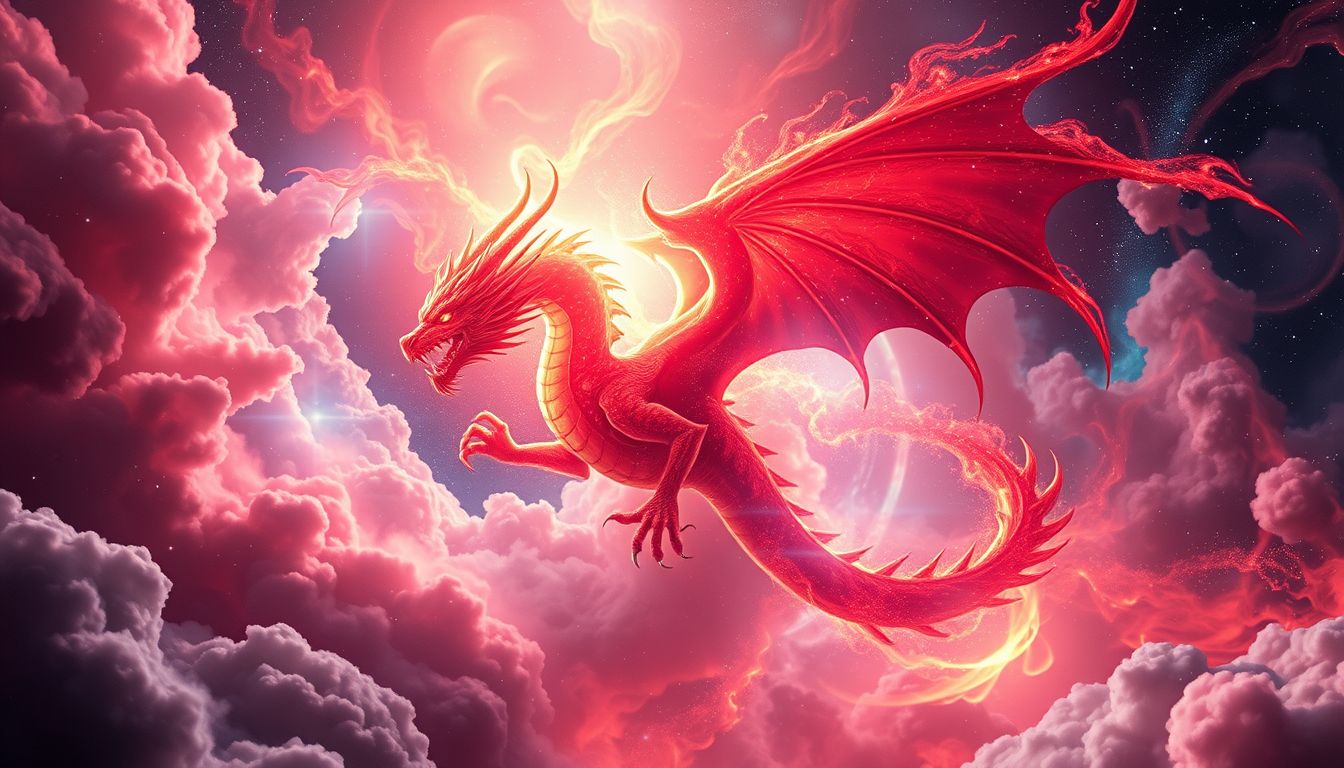 Ein roter Drache symbolisiert kraftvolle Erneuerung und innere Stärke.