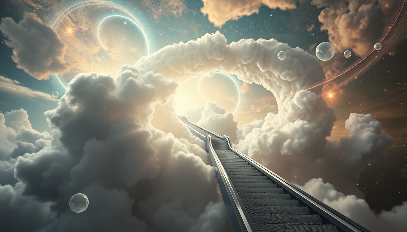 Eine Rolltreppe zurück zum Ausgang symbolisiert zyklische Lebensphasen.