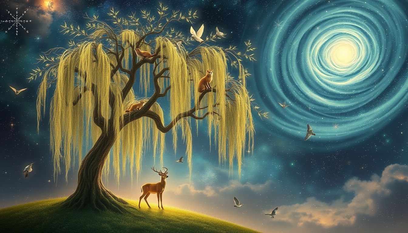 Tiere unter Trauerweiden symbolisieren Schutz und emotionale Heilung im Traum.