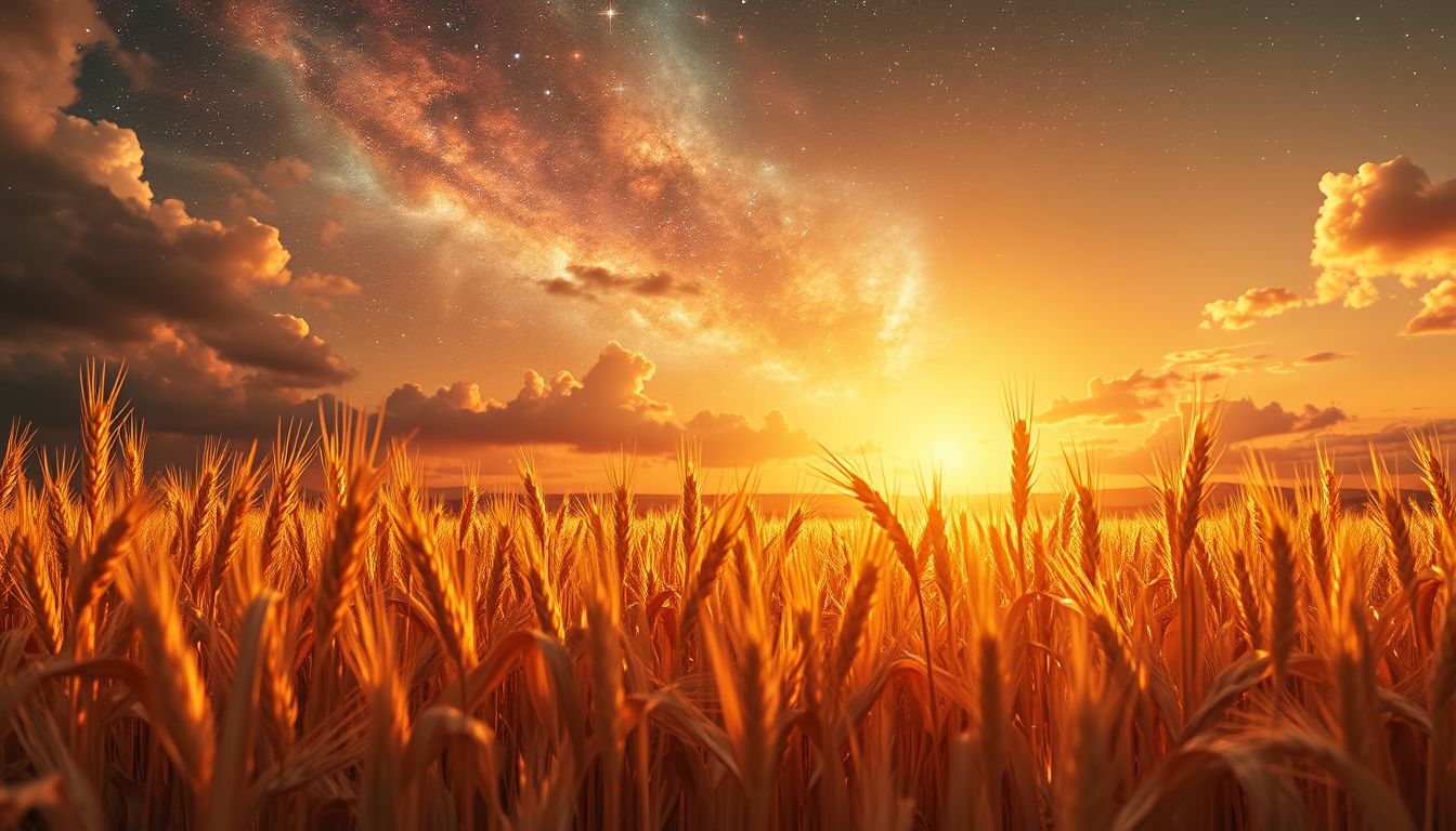 Ein Sonnenuntergang im Kornfeld symbolisiert erfüllte Lebenszyklen und Frieden.