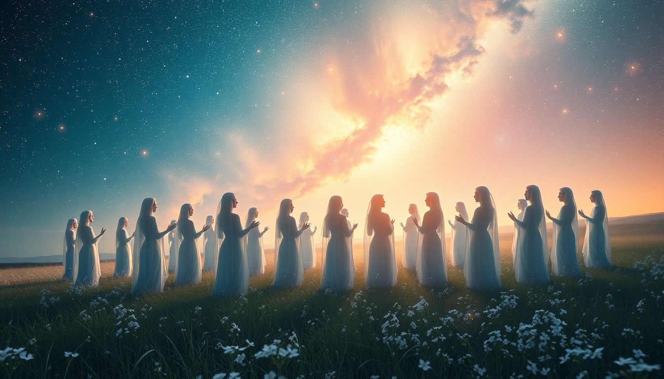 Ein im Freien gesungener Choral symbolisiert spirituelle Freiheit und Gemeinschaft.