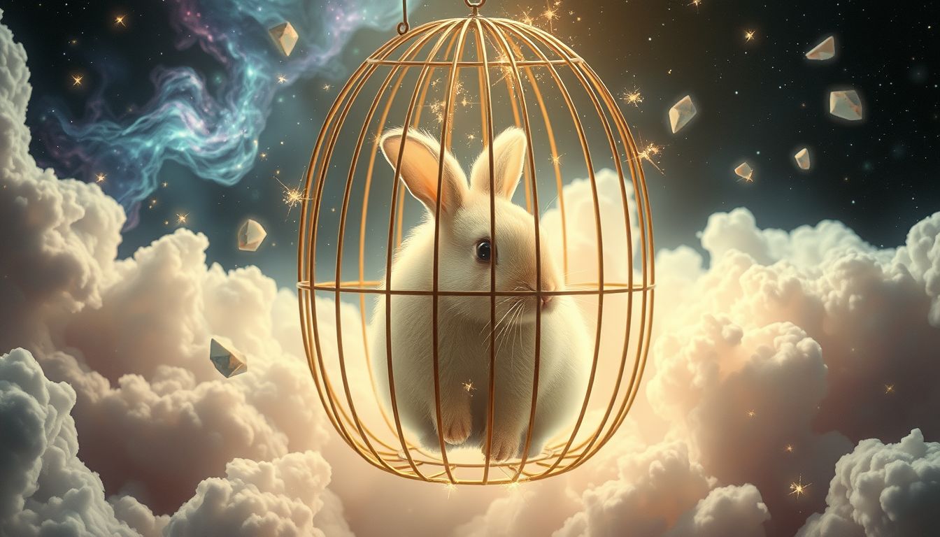 Ein Kaninchen im Käfig symbolisiert oft innere Gefangenschaft und Angst.