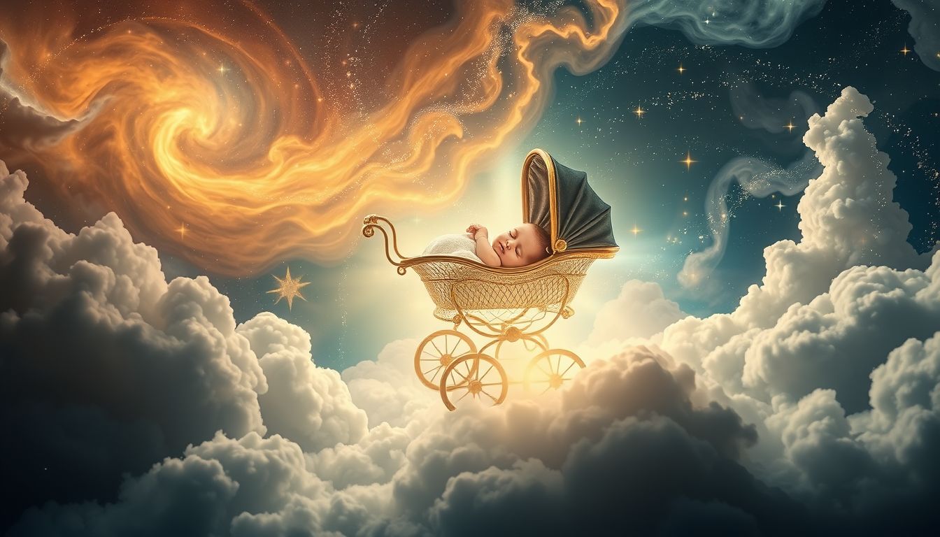 Ein Kinderwagen mit Baby symbolisiert Neubeginn und Schutzinstinkt.