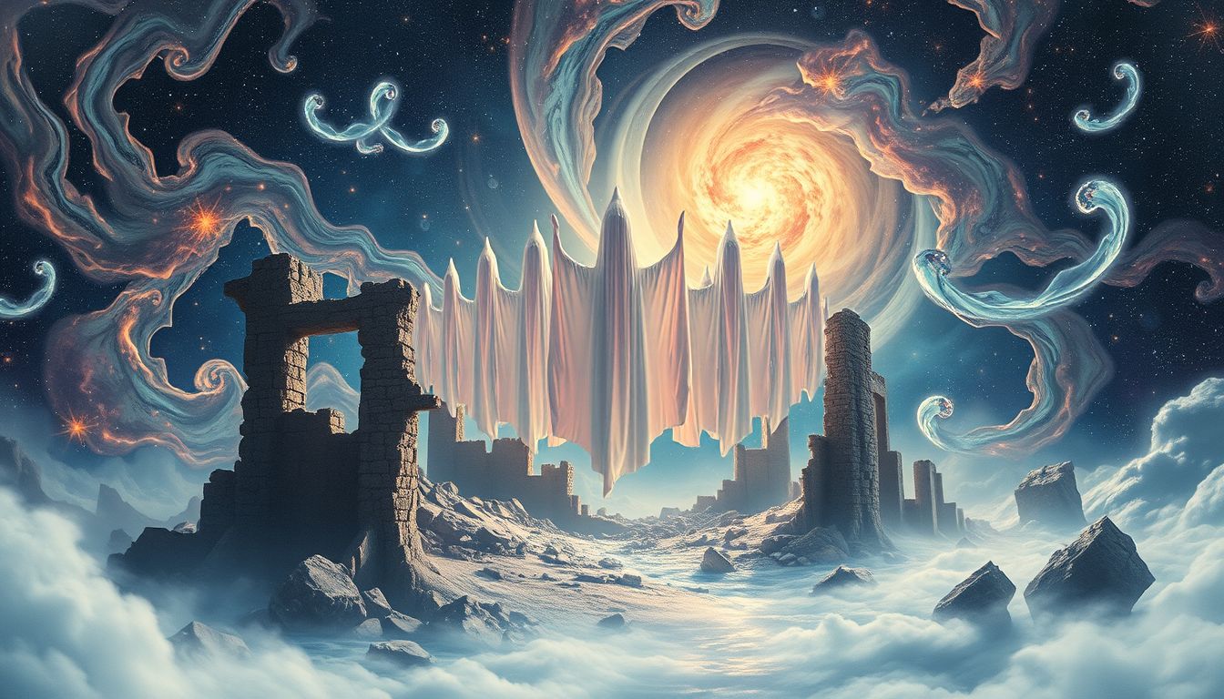 Ein verzerrter Choral in Ruinen symbolisiert verlorene Harmonie und Vergänglichkeit.