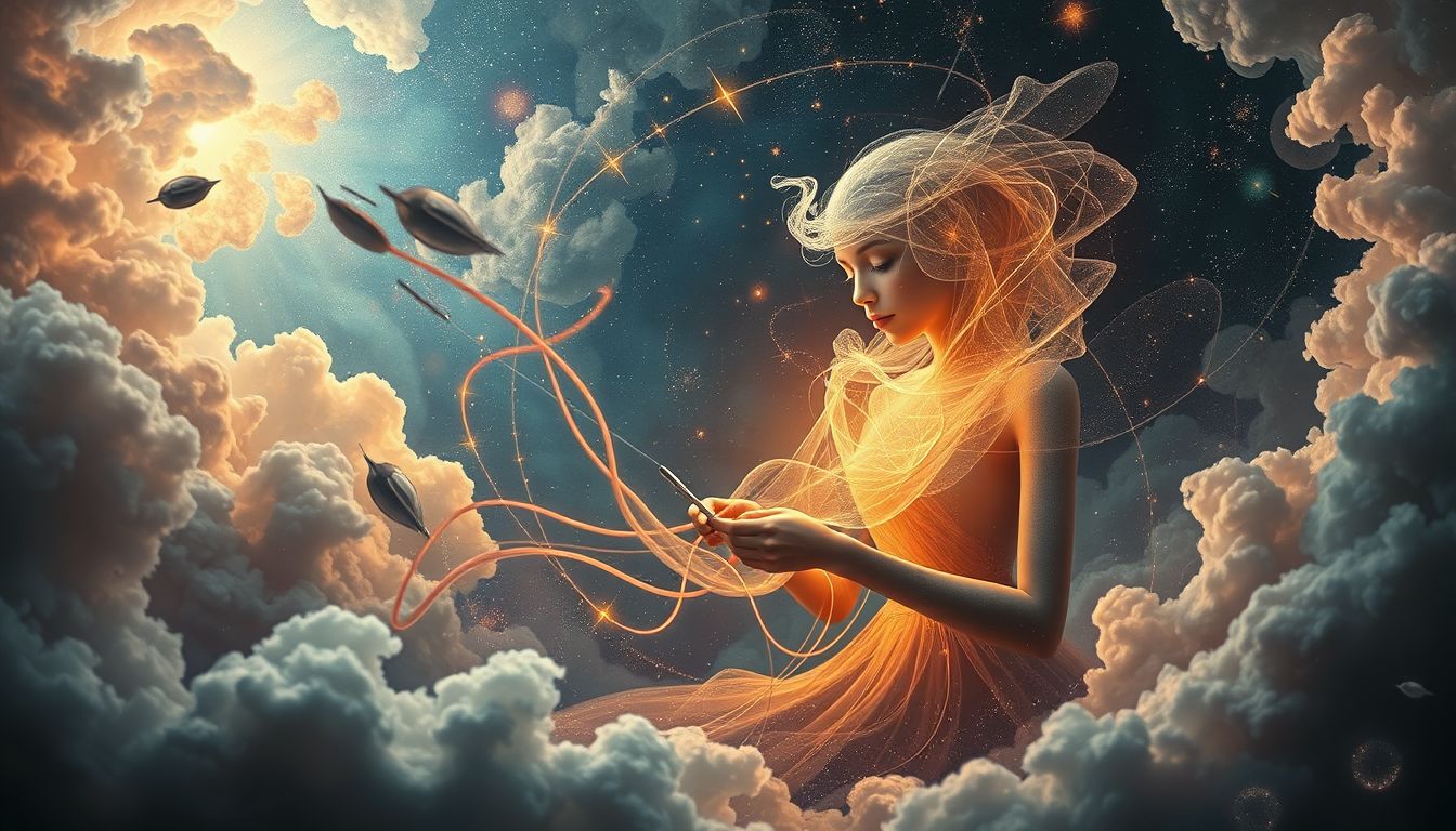 Ein Schneider, der eine Maske näht, symbolisiert verborgene Identitäten.