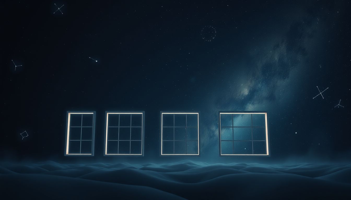 Eine dunkle Fensterreihe symbolisiert verborgene Gefühle und Unsicherheiten.