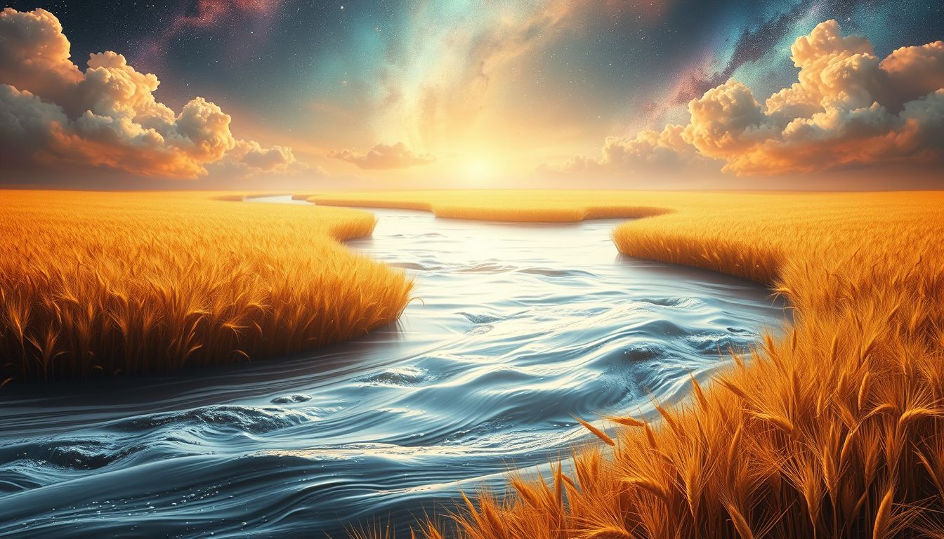 Ein Kornfeld am Fluss symbolisiert Fruchtbarkeit und Lebensfluss.