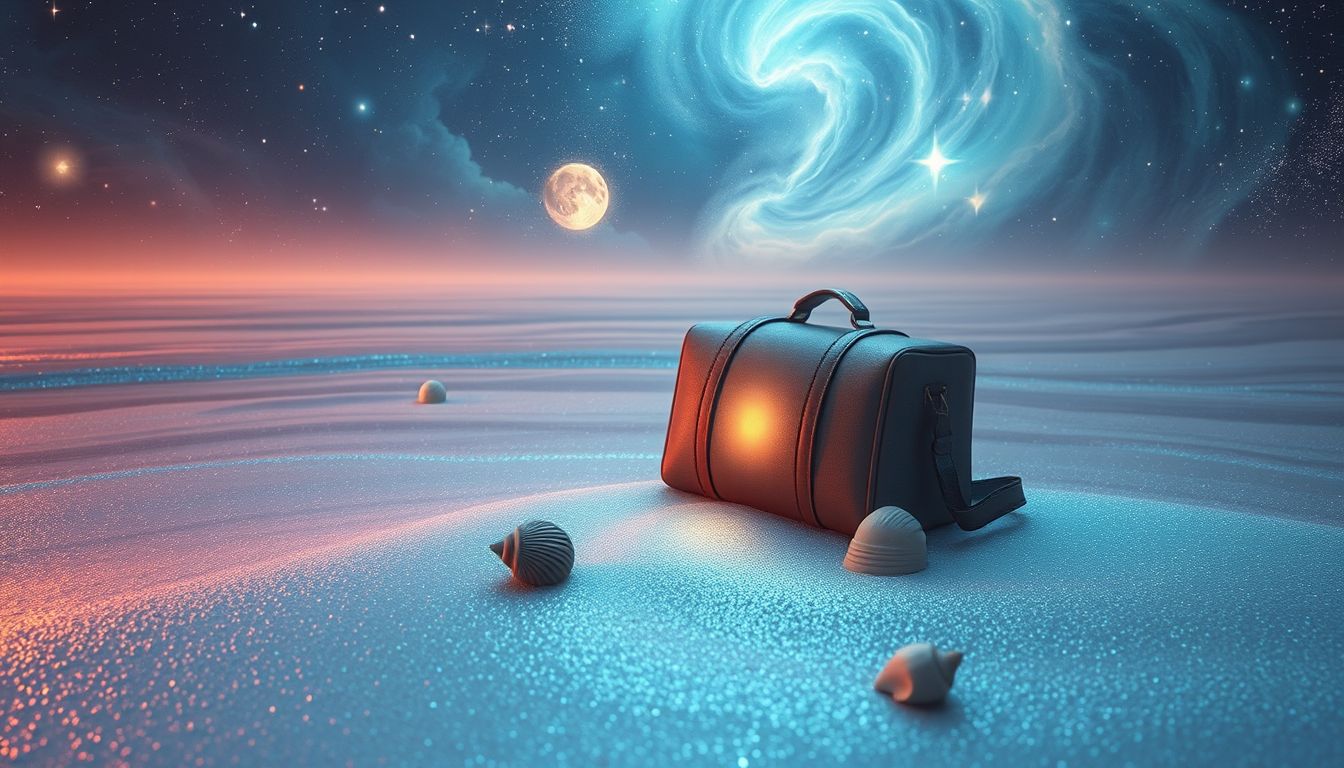 Eine Reisetasche am Strand symbolisiert ungeplante Abenteuer und Freiheit.