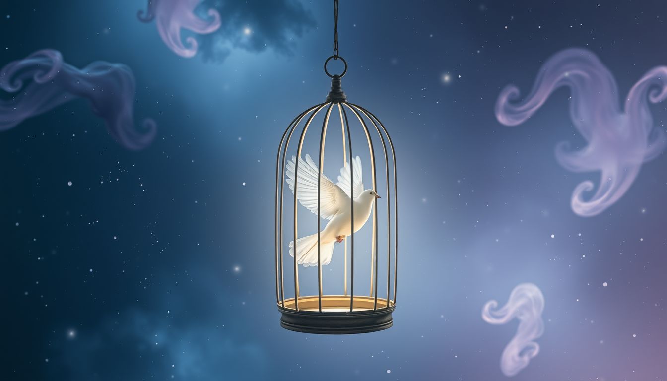 Eine Lachtaube im Käfig symbolisiert eingeschränkte Freiheit und Hoffnung.