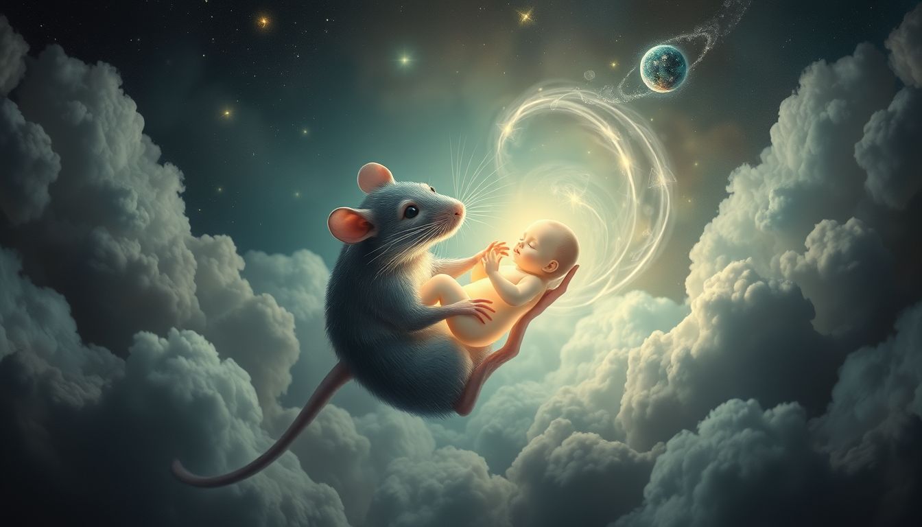 Eine Ratte, die ein Baby trägt, symbolisiert verborgene Fürsorge.