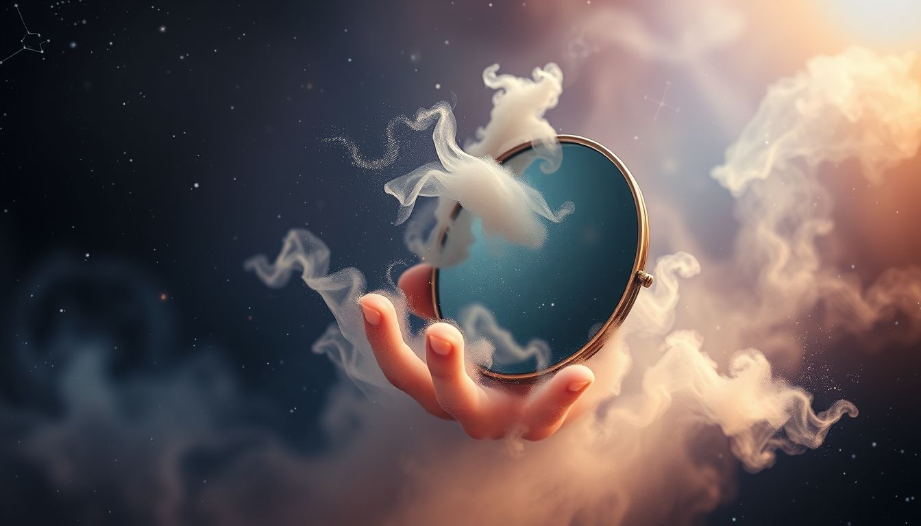 Ein staubbedeckter Taschenspiegel symbolisiert verborgene Selbstzweifel im Traum.