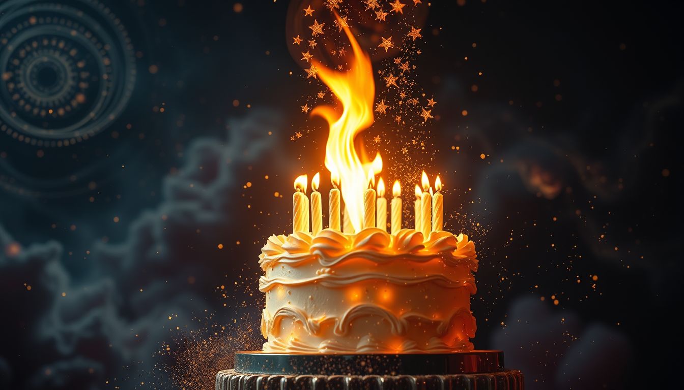 Ein brennender Geburtstagskuchen symbolisiert innere Konflikte und Wandel.