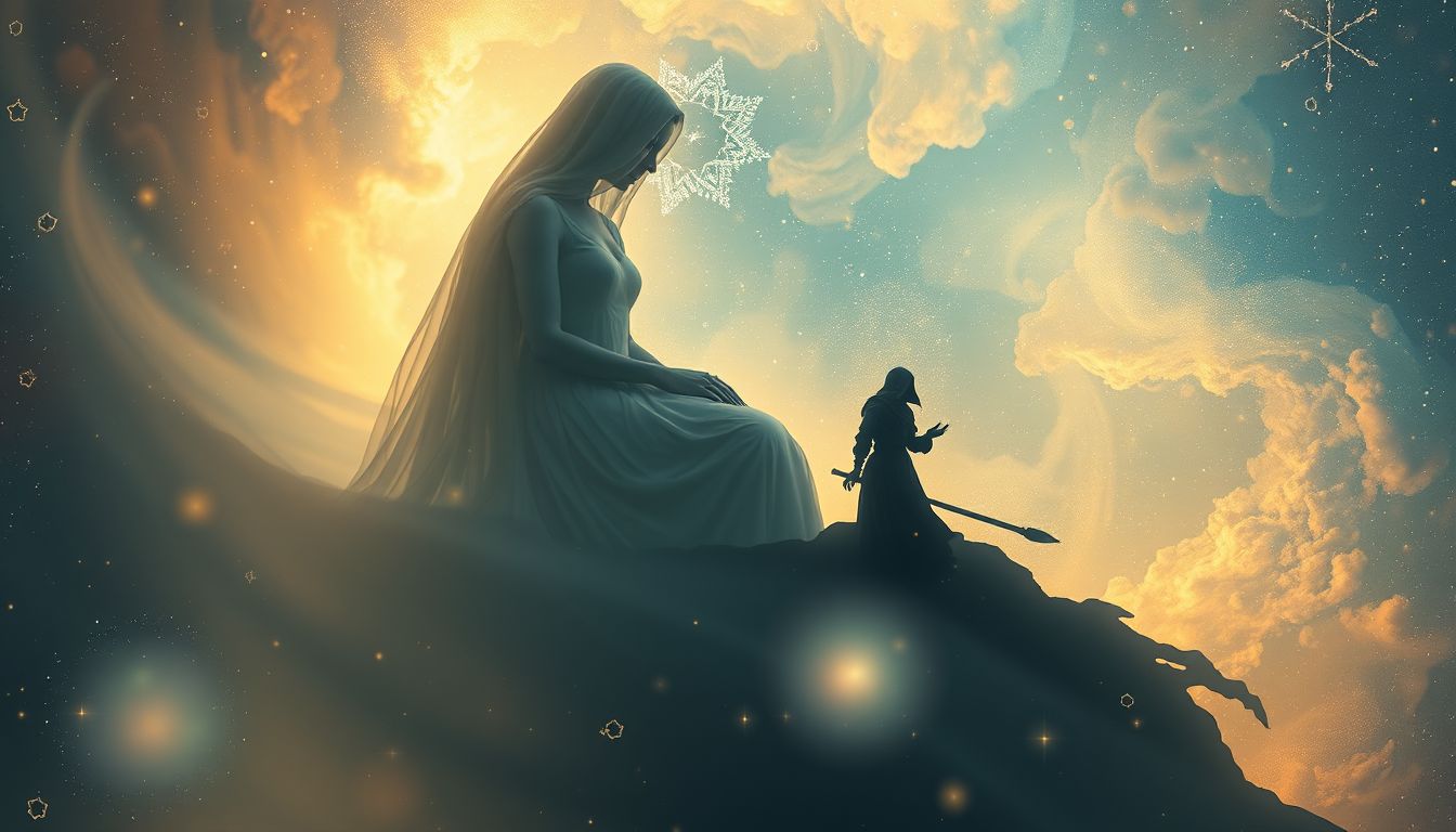 Ein Gespräch mit dem Einsiedler symbolisiert innere Weisheit und Erkenntnis.