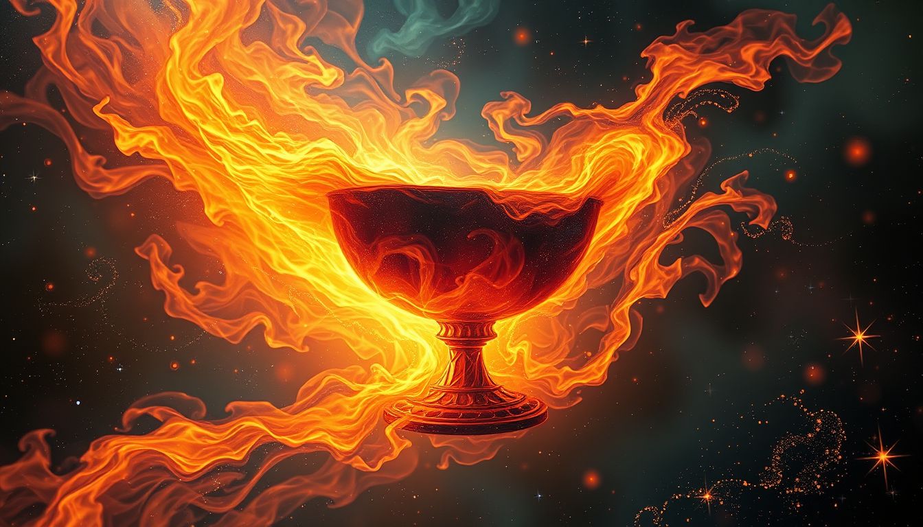 Ein Pokal im Feuer symbolisiert innere Leidenschaft und persönliche Transformation.