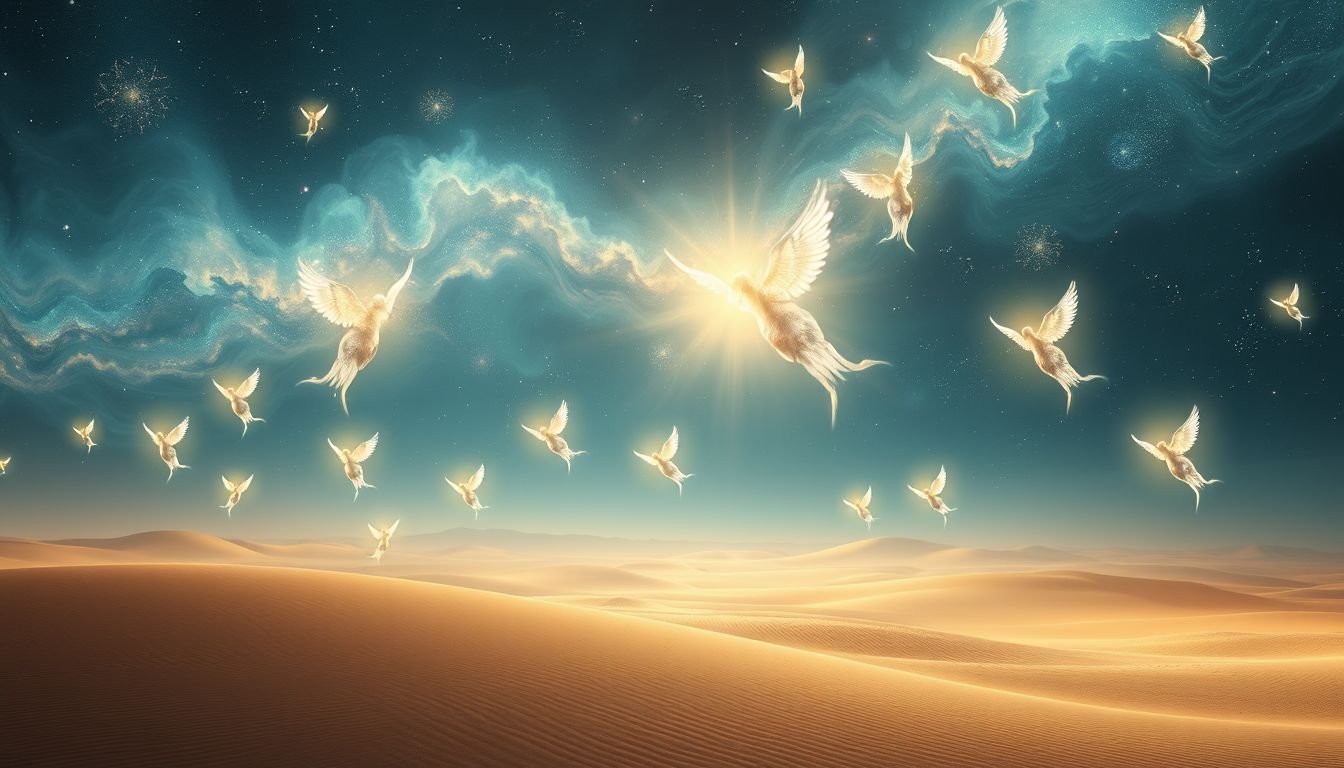 Der Wüstenhimmel mit Engeln symbolisiert spirituelle Führung und Hoffnung.