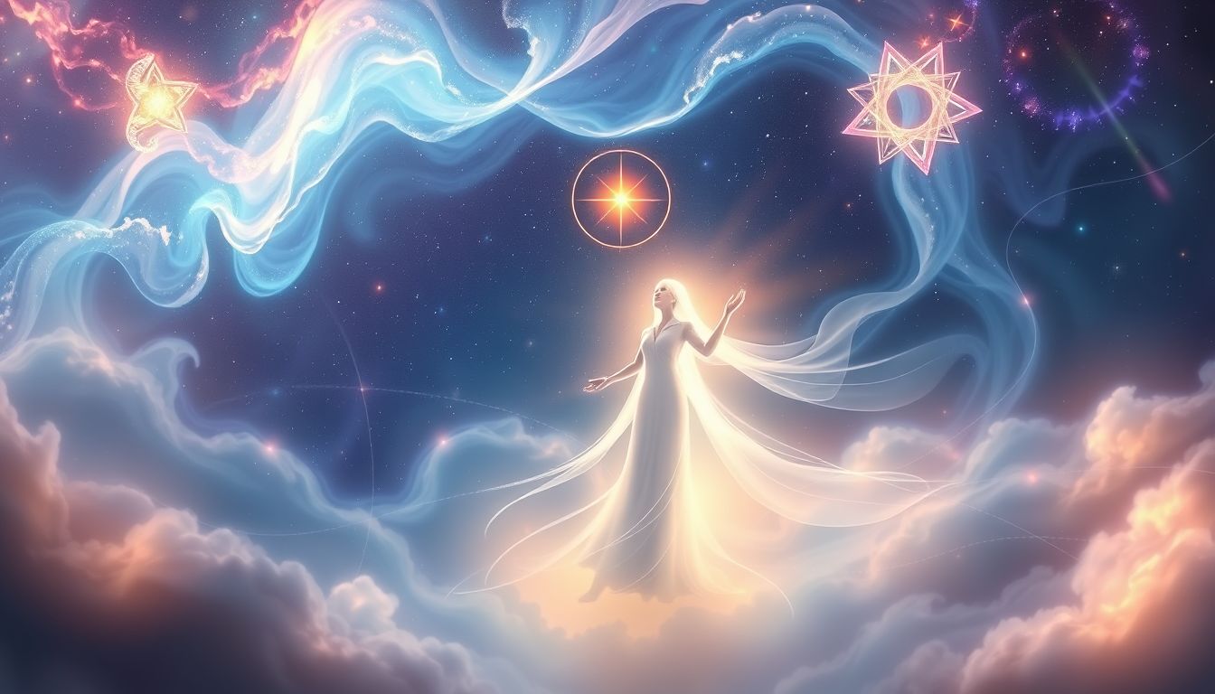 Ein Flugbegleiter als spiritueller Führer symbolisiert innere Reise.