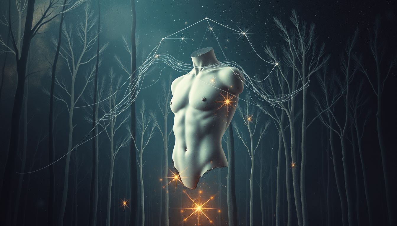 Ein Torso im Wald symbolisiert verborgene Ängste und Selbstverlust.