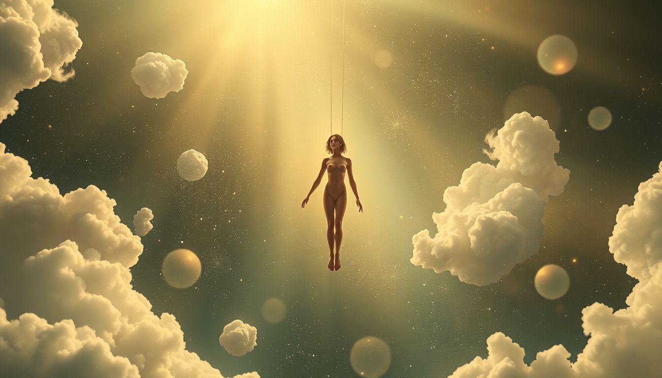 Ein Gehängter ohne Strick symbolisiert inneren Konflikt und Befreiung.