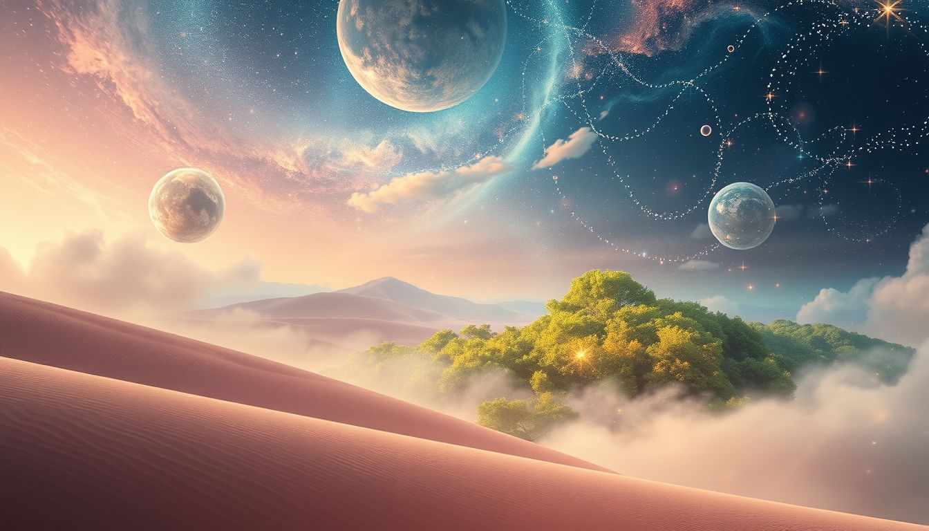 Der Wandel vom Wüsten- zum Waldhimmel symbolisiert innere Transformation.