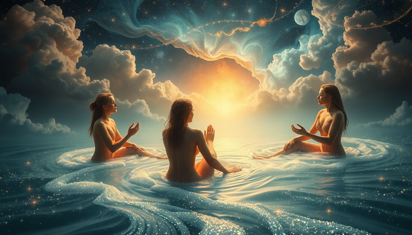 Bakchantinnen im Fluss symbolisieren Reinigung und emotionale Erneuerung.