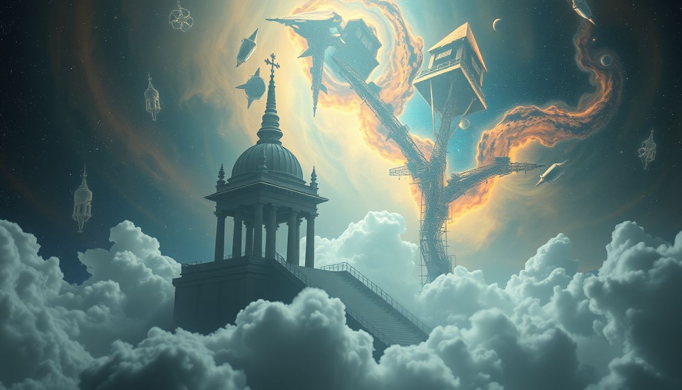 Ein im Bau befindlicher Pilgerort symbolisiert spirituelles Wachstum und Wandel.