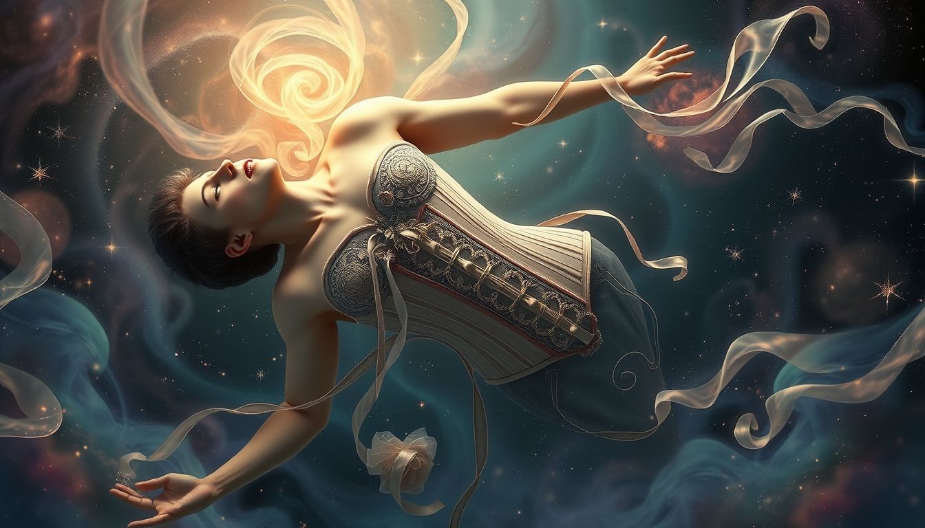 Ein Mann im Schnürleib symbolisiert oft verborgene Kontrolle und Anpassung.