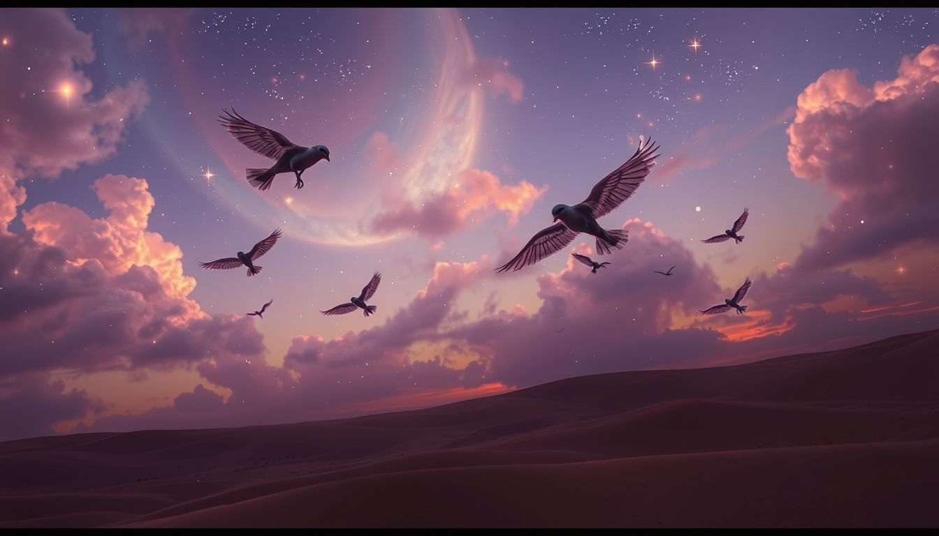 Fliegende Tiere im Wüstenhimmel symbolisieren Freiheit und Transformation.