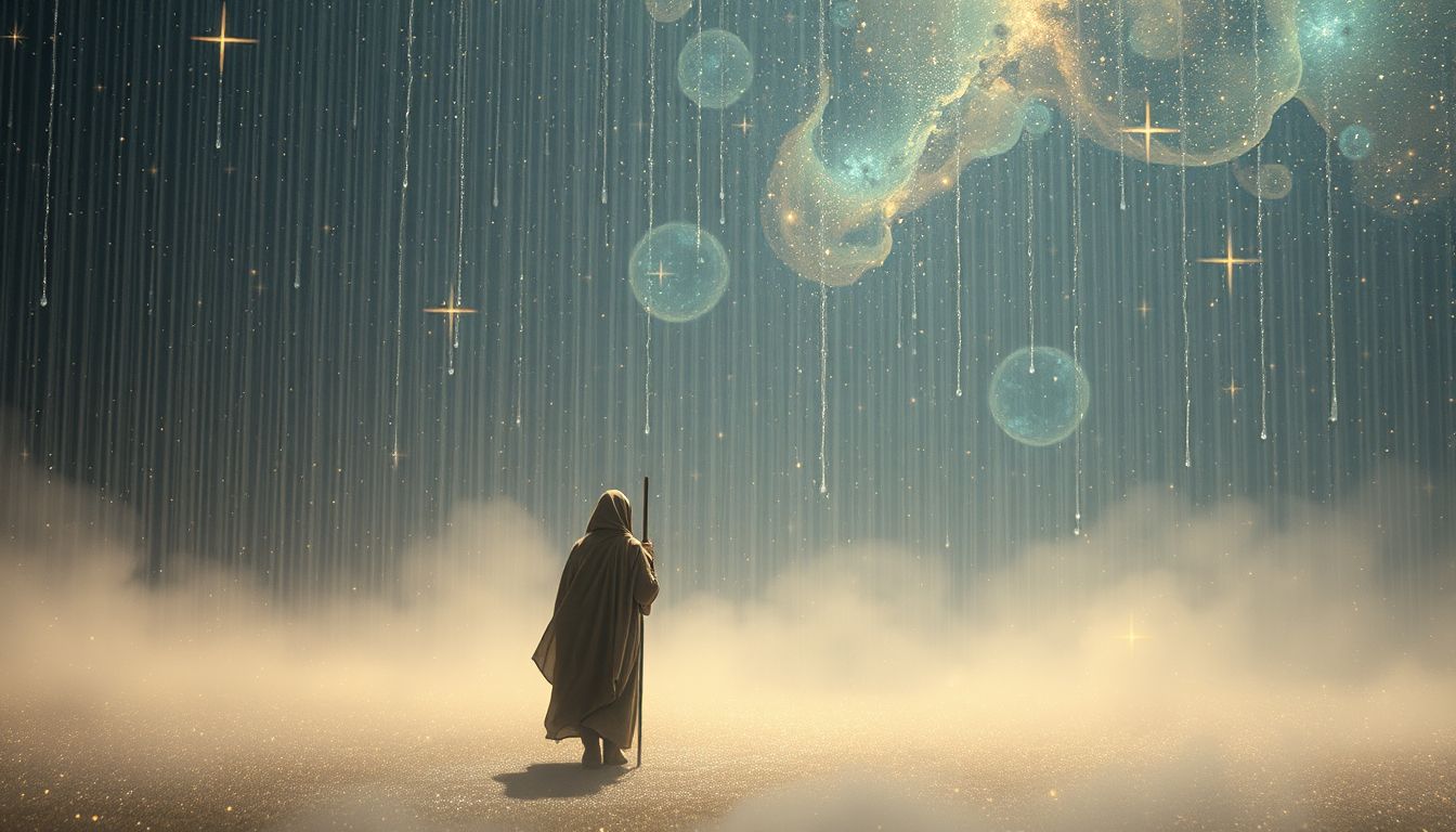 Pilger im Regen symbolisieren spirituelle Prüfungen und innere Reinigung.