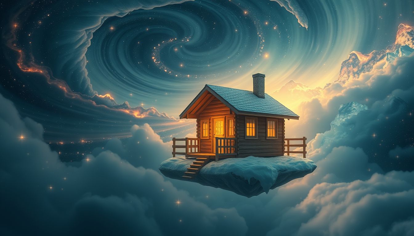Eine Hütte im Norden symbolisiert Schutz und innere Einkehr.