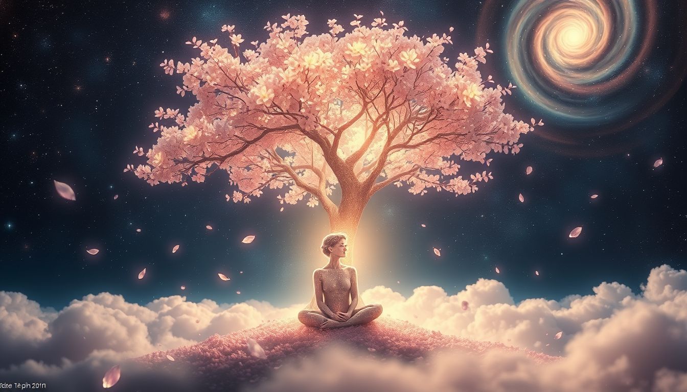 Traum 6 symbolisiert Ruhe und innere Harmonie unter Kirschblüten.