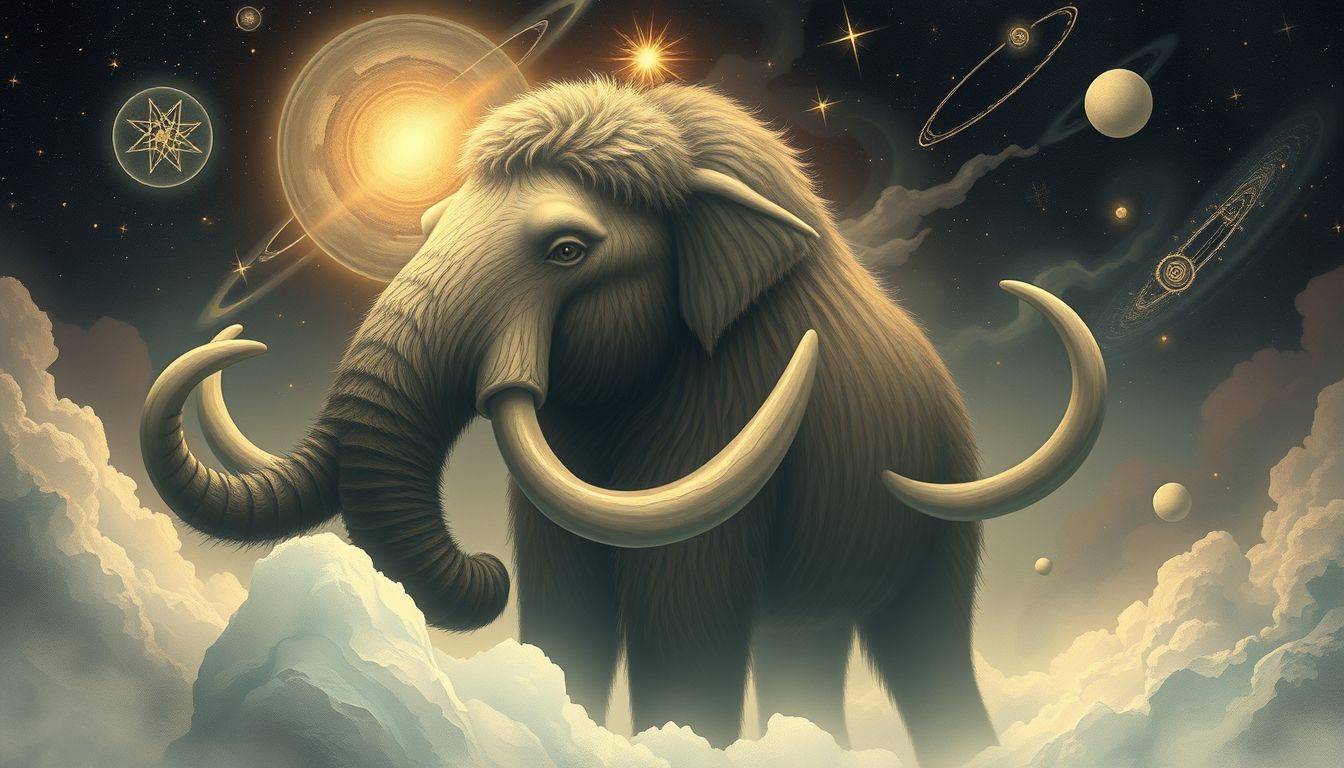 Ein sprechendes Mammut symbolisiert verborgene Weisheit und uraltes Wissen.