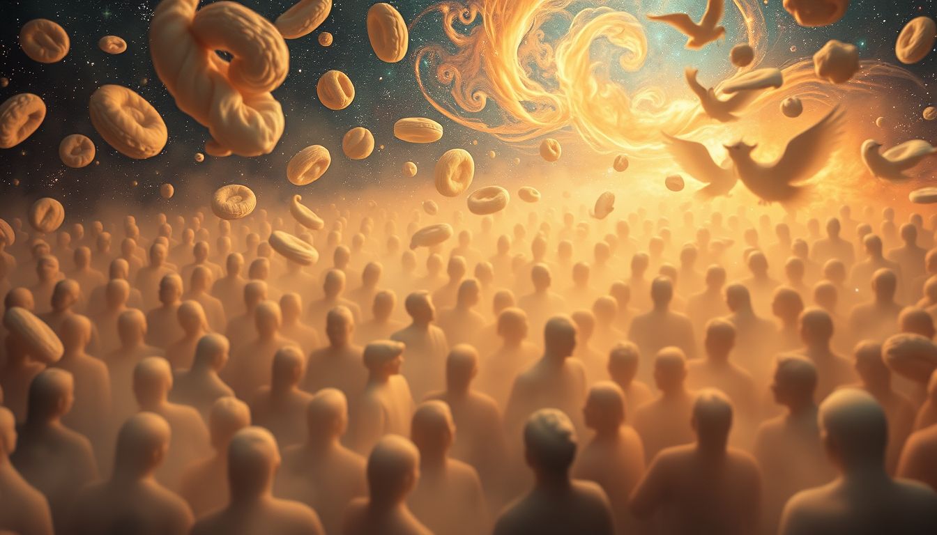 Eine überfüllte Backstube symbolisiert Gemeinschaft und kreative Fülle im Traum.